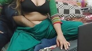 Indian bhabhi caught watching porn on her laptop by her lover, then fucked all over her holes with a clean Hindi voice full of dirty talk
